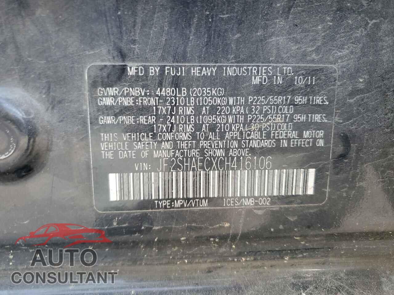 SUBARU FORESTER 2012 - JF2SHAECXCH416106