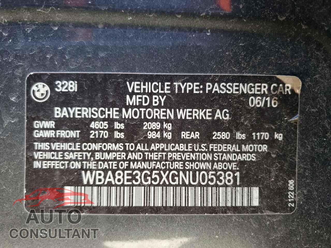BMW 3 SERIES 2016 - WBA8E3G5XGNU05381