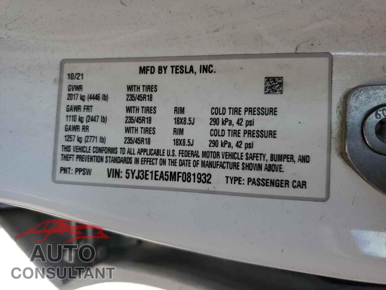 TESLA MODEL 3 2021 - 5YJ3E1EA5MF081932