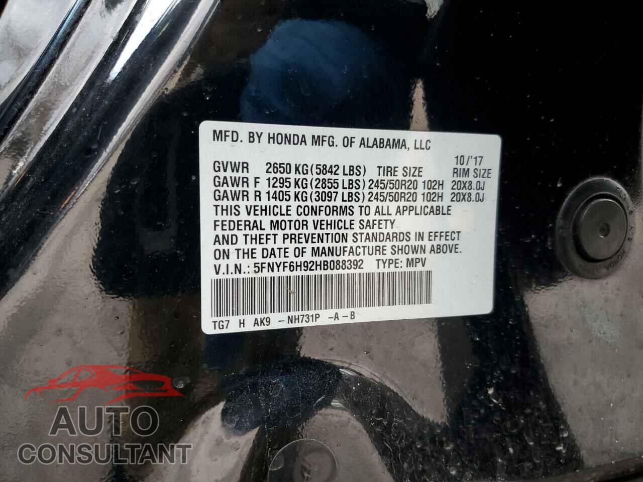 HONDA PILOT 2017 - 5FNYF6H92HB088392