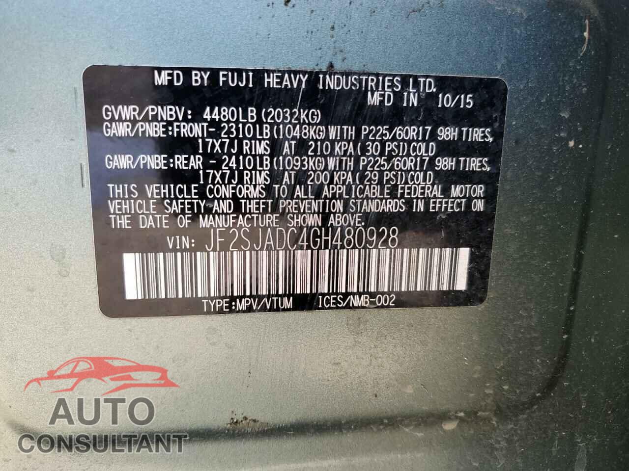 SUBARU FORESTER 2016 - JF2SJADC4GH480928