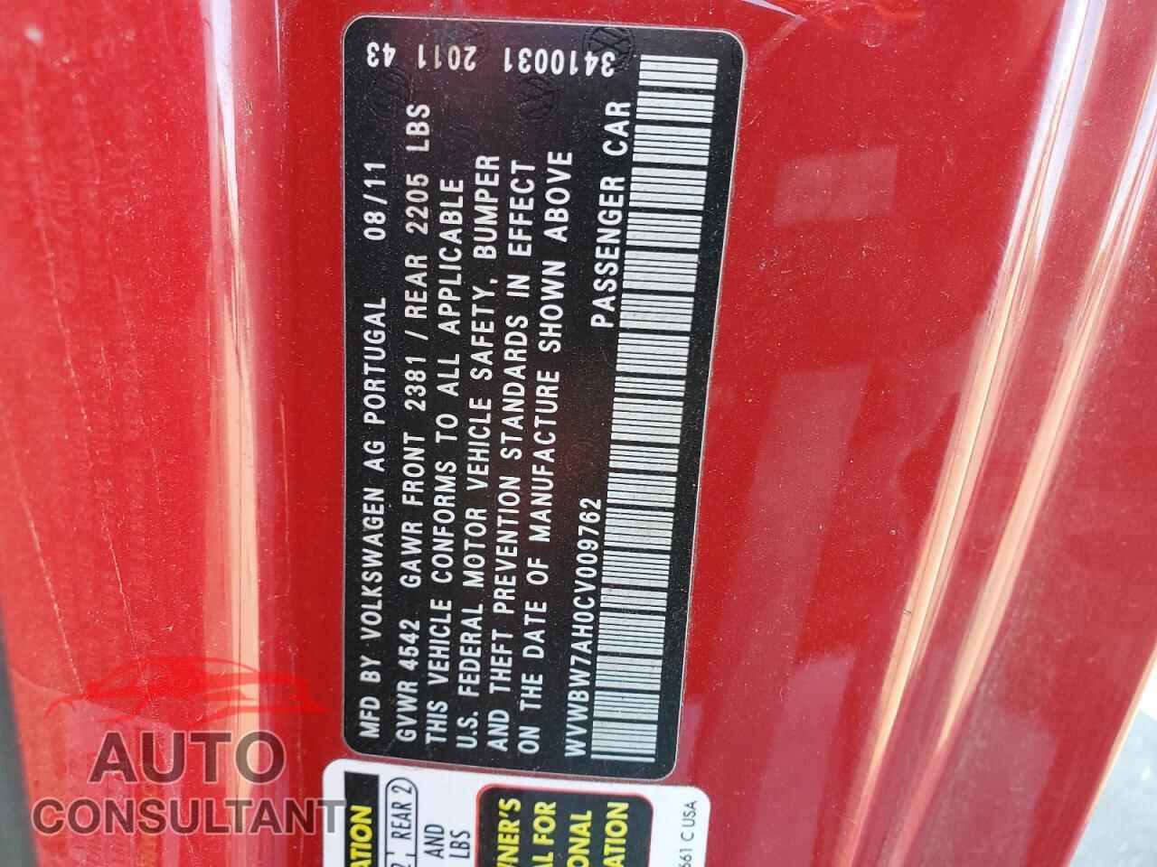 VOLKSWAGEN EOS 2012 - WVWBW7AH0CV009762