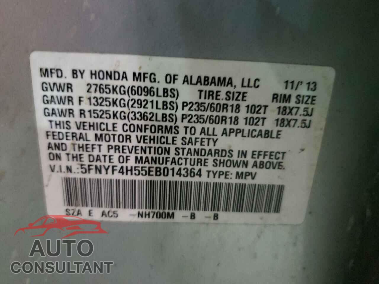 HONDA PILOT 2014 - 5FNYF4H55EB014364