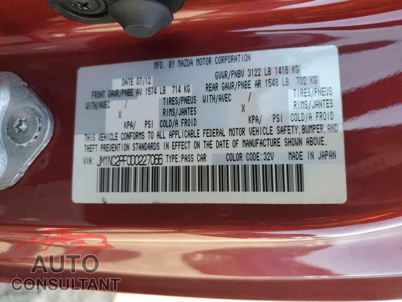 MAZDA MX5 2013 - JM1NC2PF0D0227066