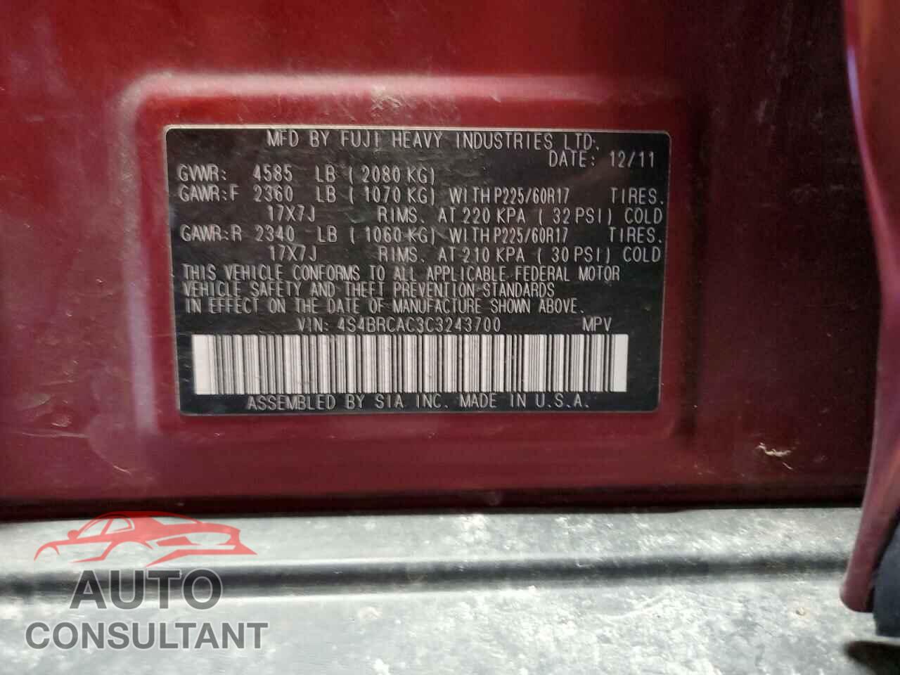 SUBARU OUTBACK 2012 - 4S4BRCAC3C3243700
