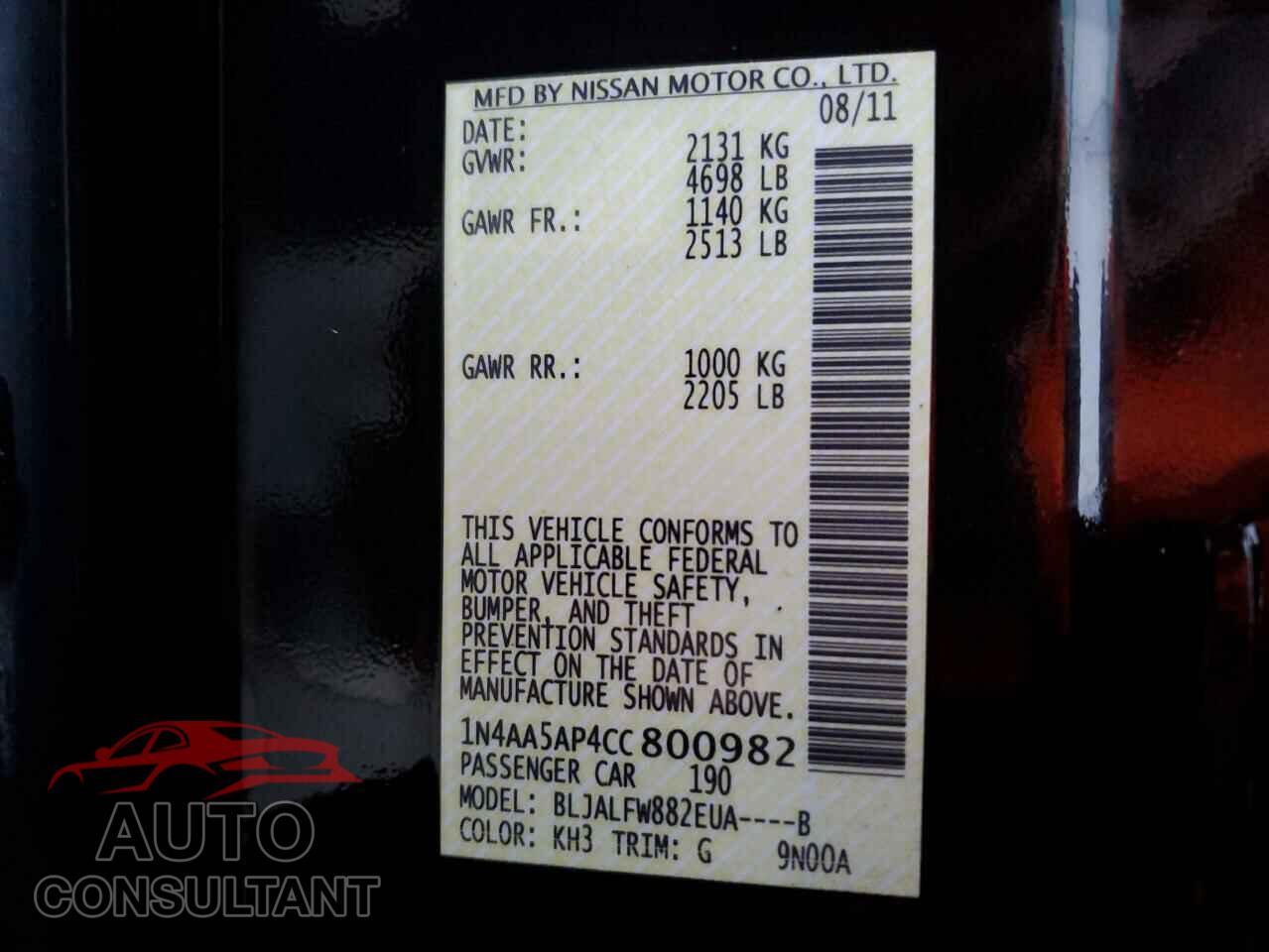 NISSAN MAXIMA 2012 - 1N4AA5AP4CC800982