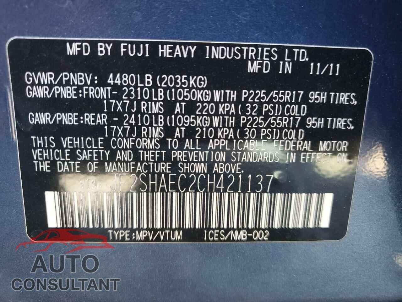 SUBARU FORESTER 2012 - JF2SHAEC2CH421137