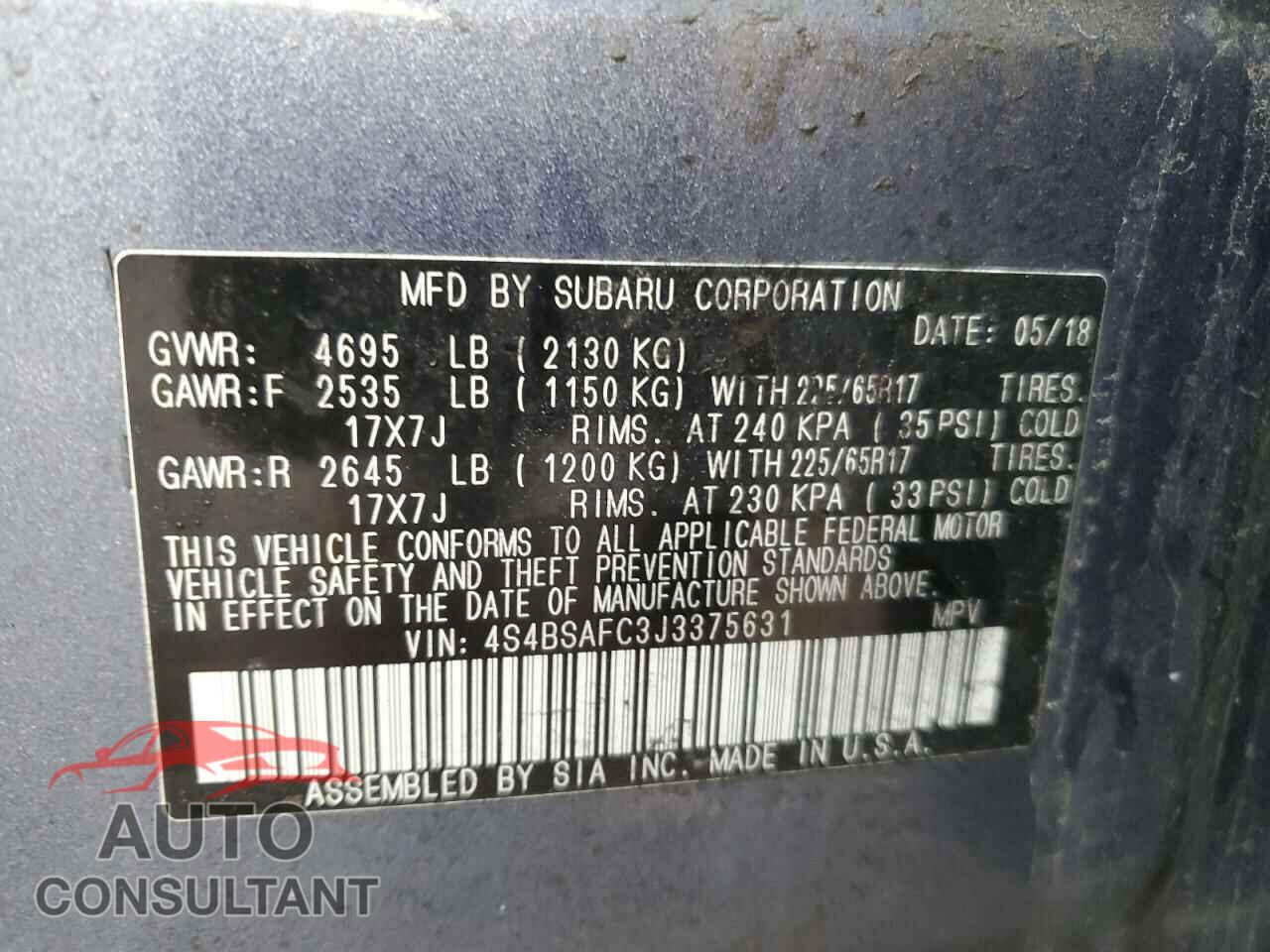 SUBARU OUTBACK 2018 - 4S4BSAFC3J3375631