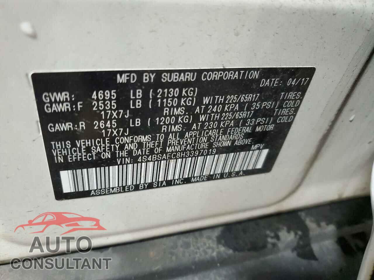 SUBARU OUTBACK 2017 - 4S4BSAFC8H3397019