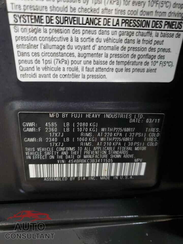 SUBARU OUTBACK 2011 - 4S4BRBKC3B3411505