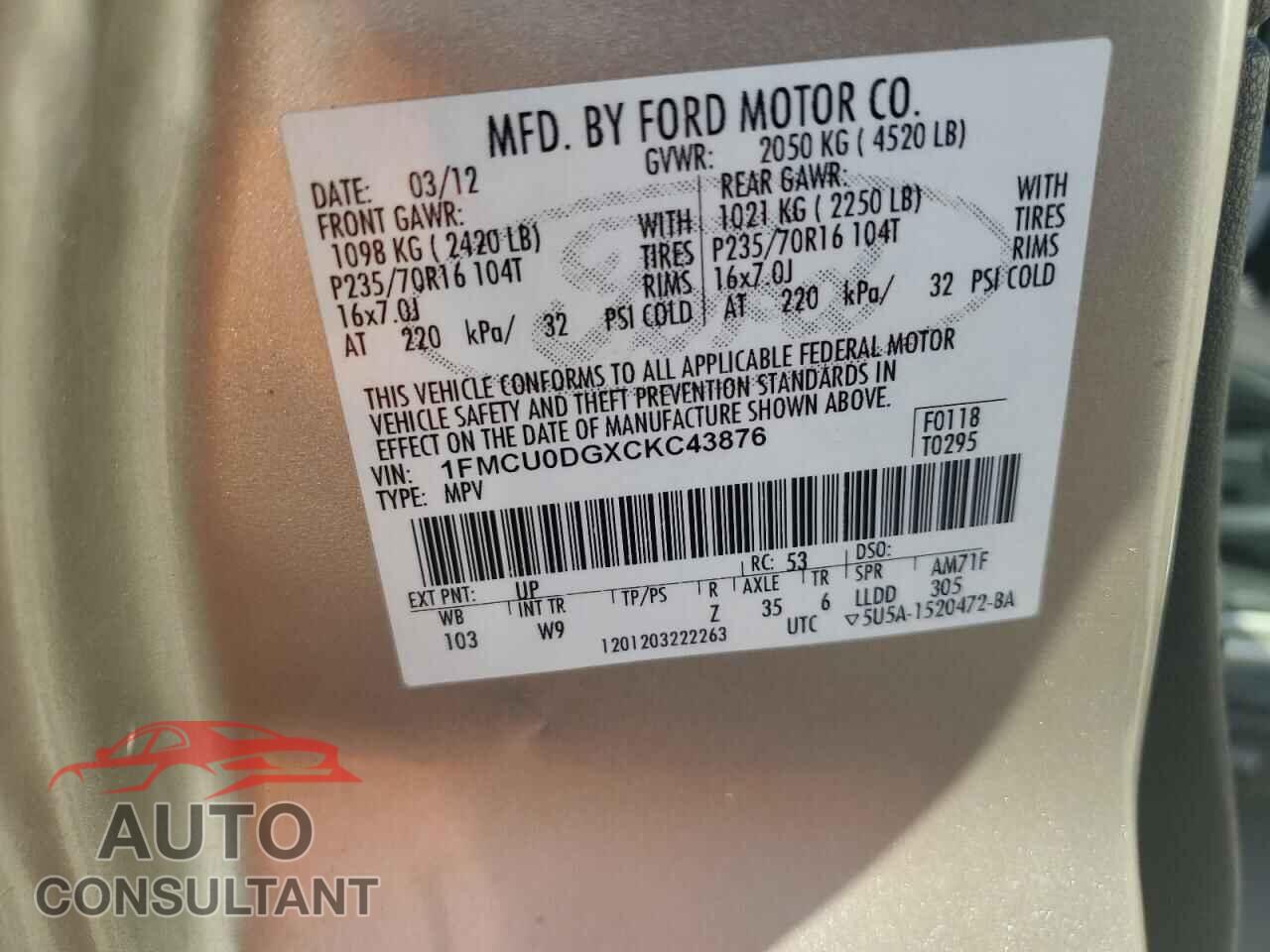 FORD ESCAPE 2012 - 1FMCU0DGXCKC43876