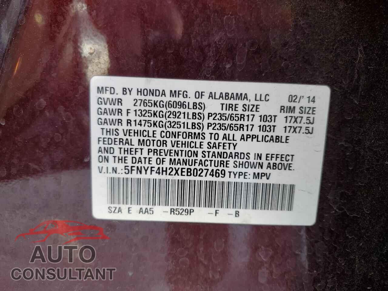 HONDA PILOT 2014 - 5FNYF4H2XEB027469