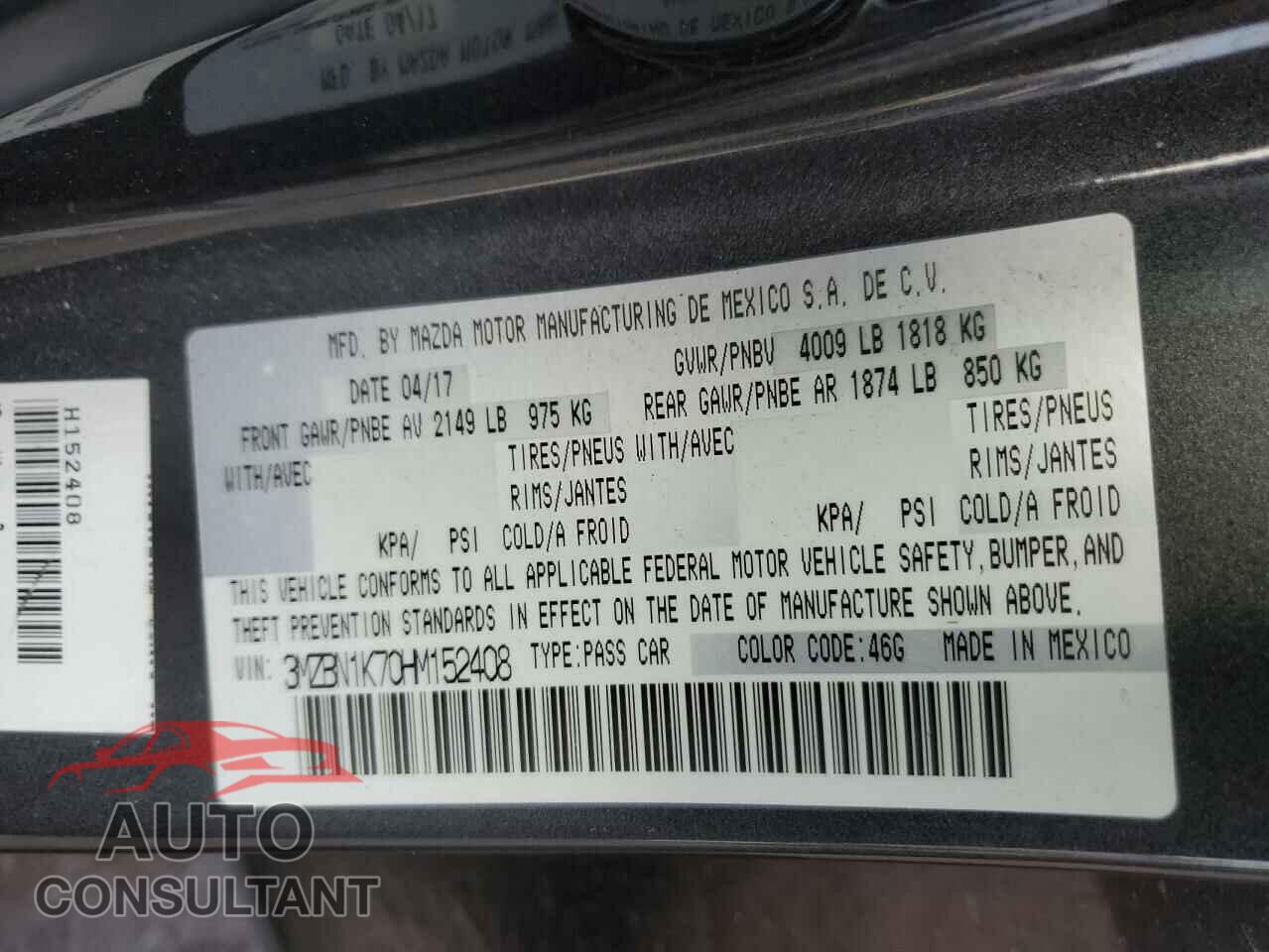 MAZDA 3 2017 - 3MZBN1K70HM152408