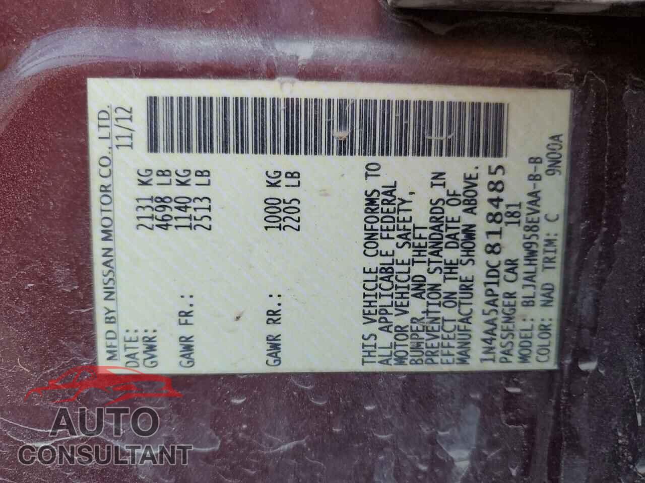 NISSAN MAXIMA 2013 - 1N4AA5AP1DC818485