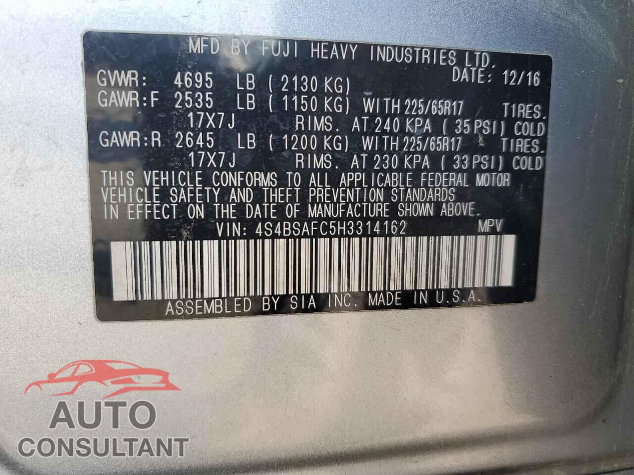 SUBARU OUTBACK 2017 - 4S4BSAFC5H3314162
