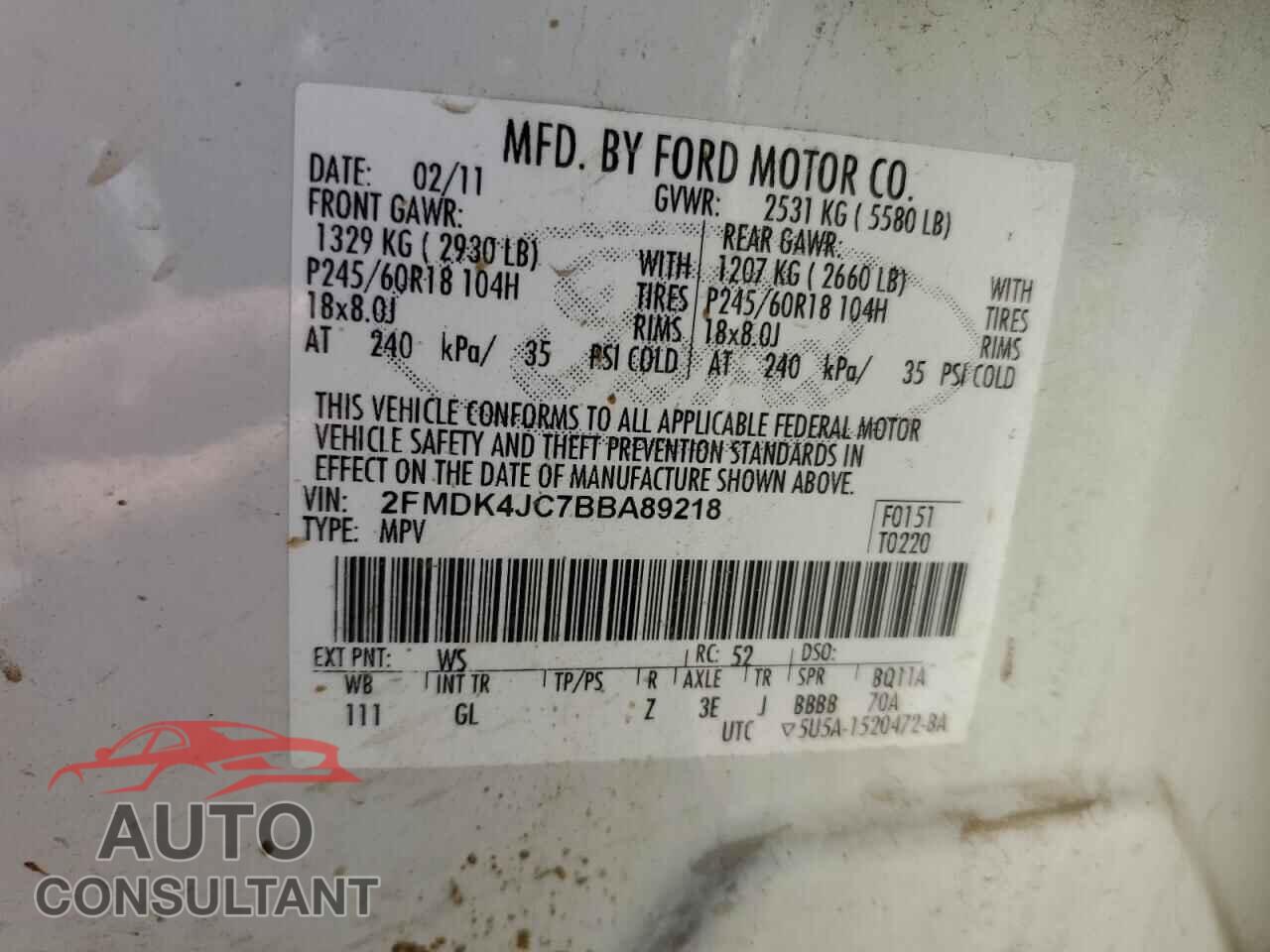 FORD EDGE 2011 - 2FMDK4JC7BBA89218