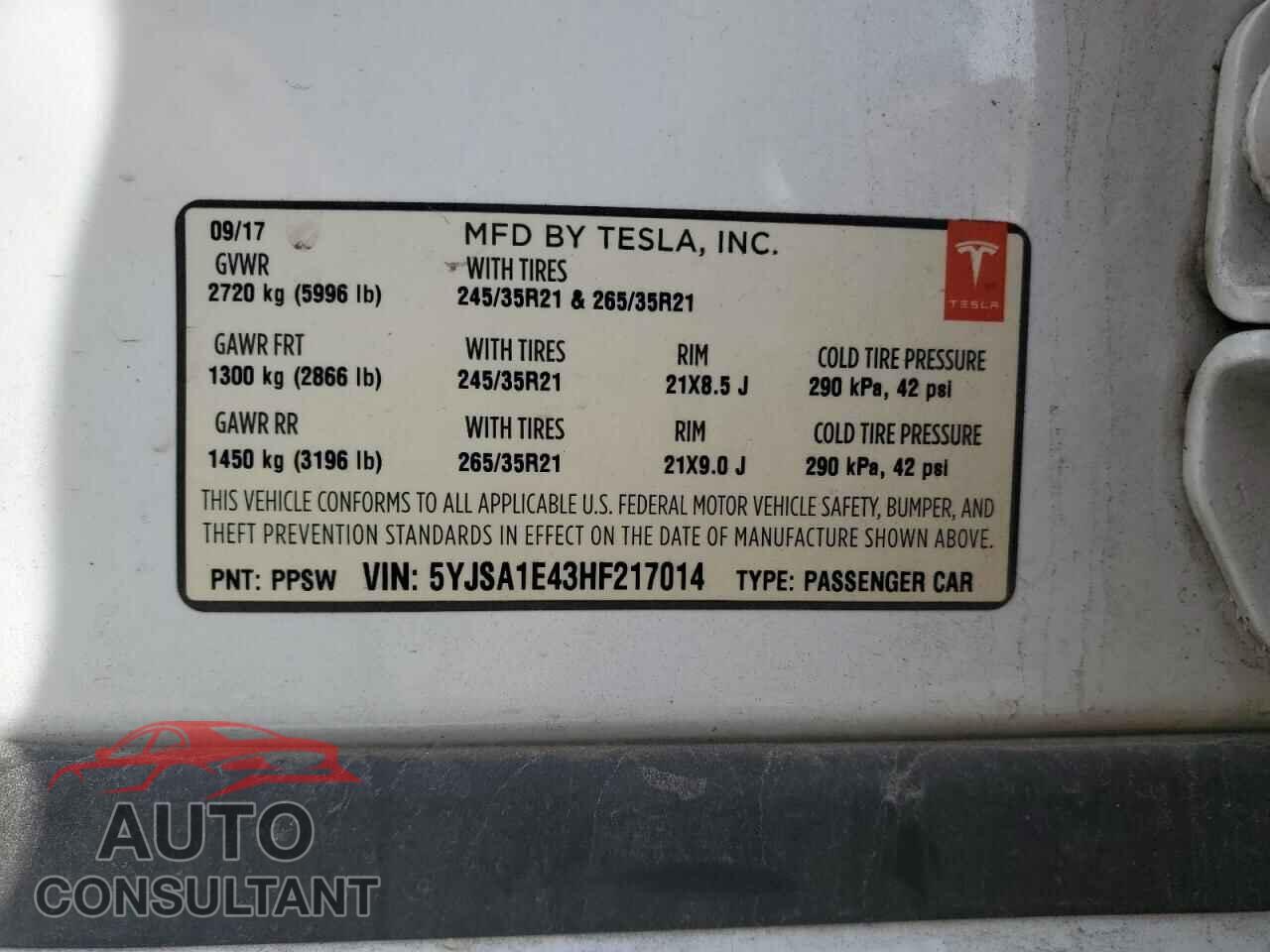 TESLA MODEL S 2017 - 5YJSA1E43HF217014