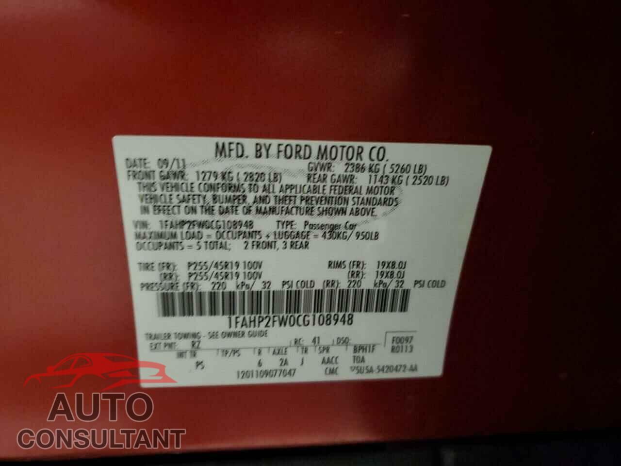 FORD TAURUS 2012 - 1FAHP2FW0CG108948