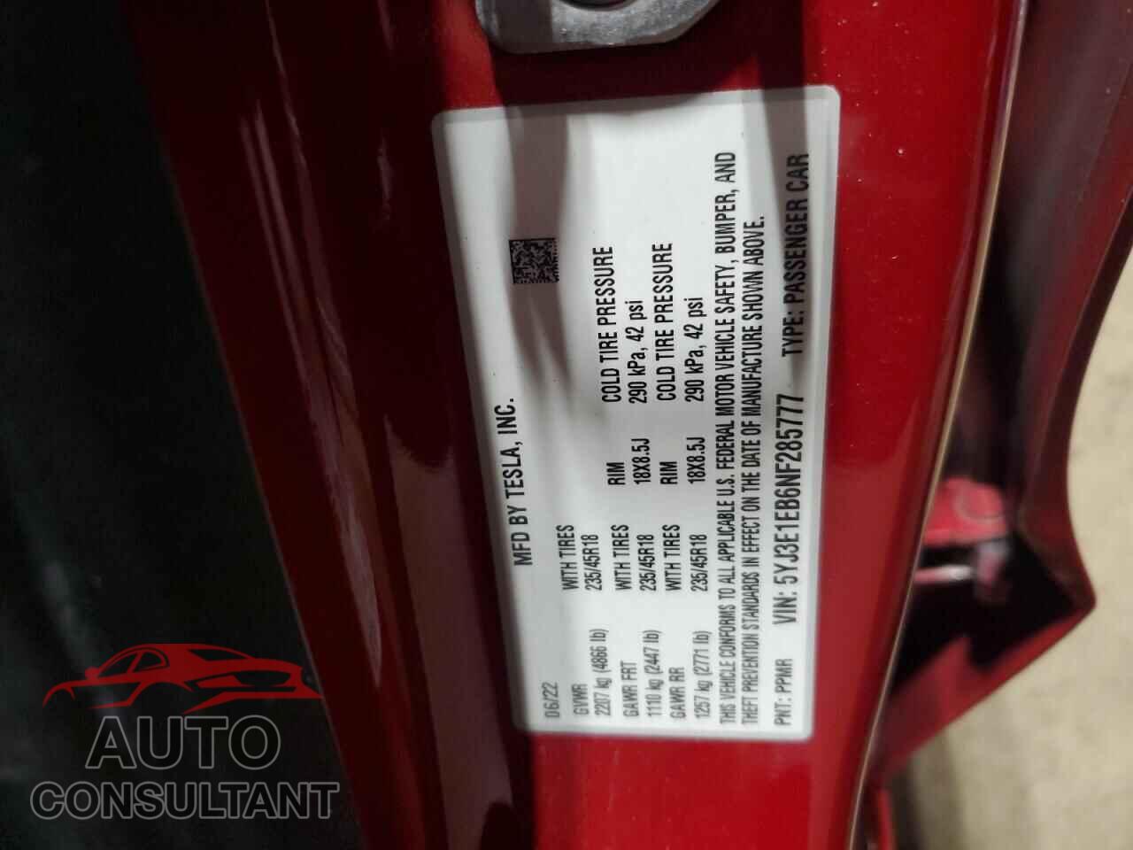TESLA MODEL 3 2022 - 5YJ3E1EB6NF285777
