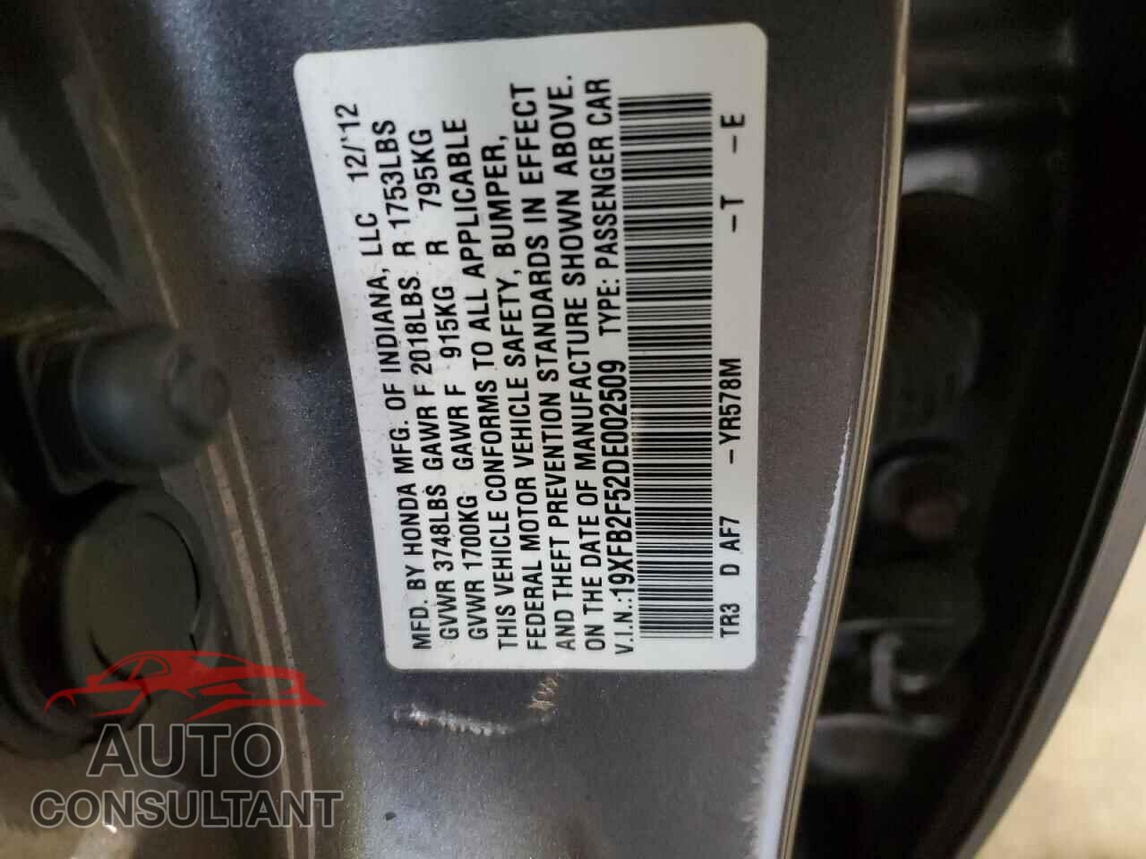 HONDA CIVIC 2013 - 19XFB2F52DE002509
