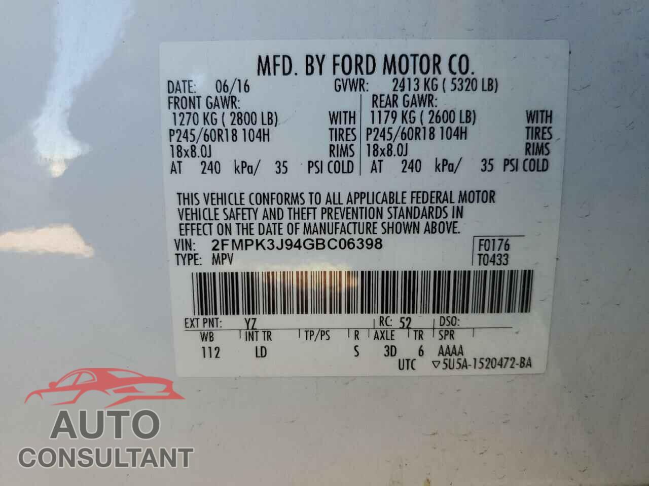 FORD EDGE 2016 - 2FMPK3J94GBC06398