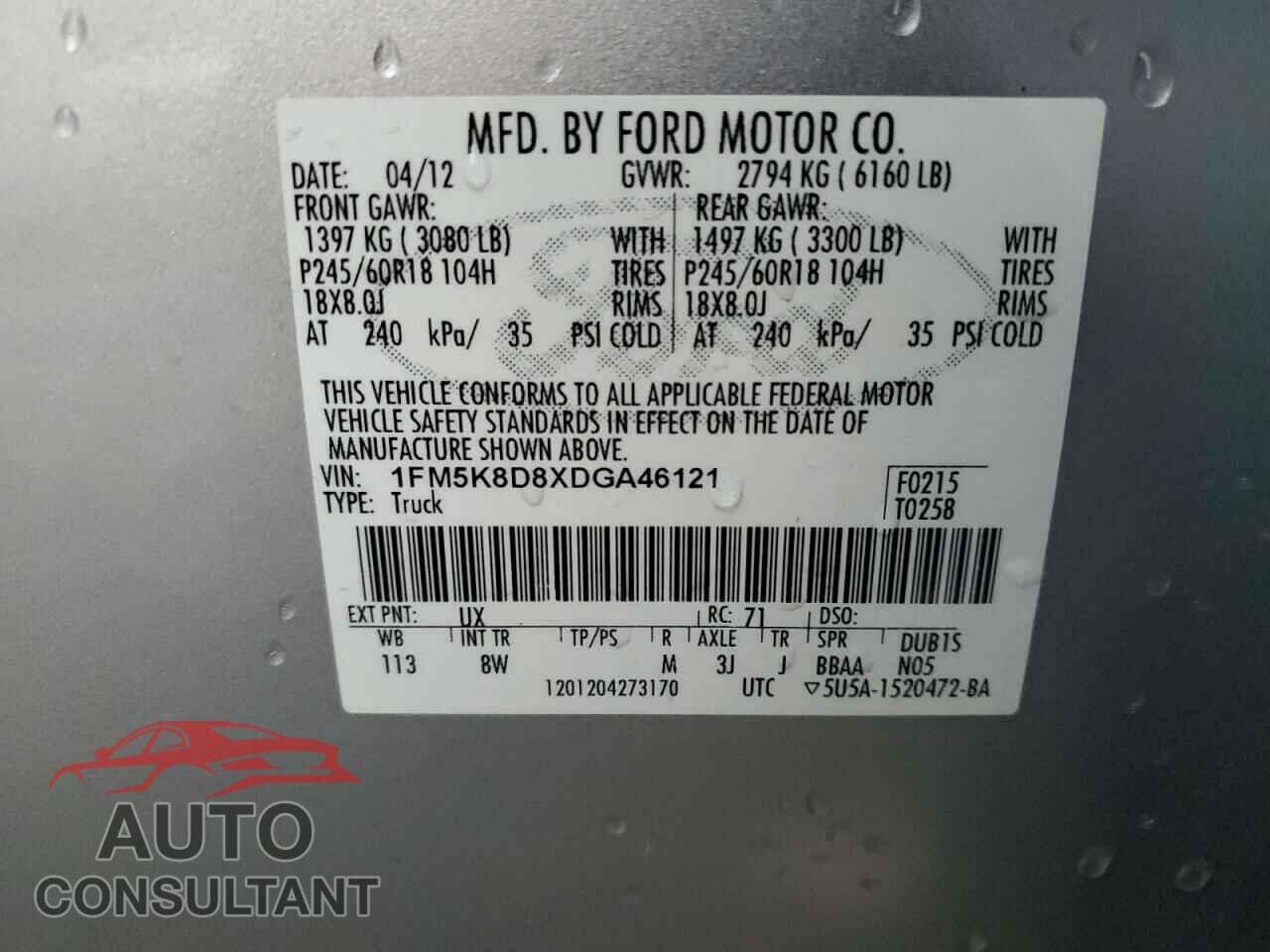 FORD EXPLORER 2013 - 1FM5K8D8XDGA46121