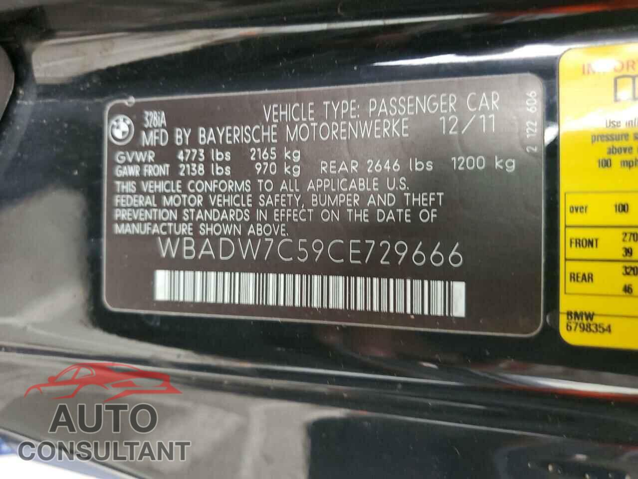 BMW 3 SERIES 2012 - WBADW7C59CE729666