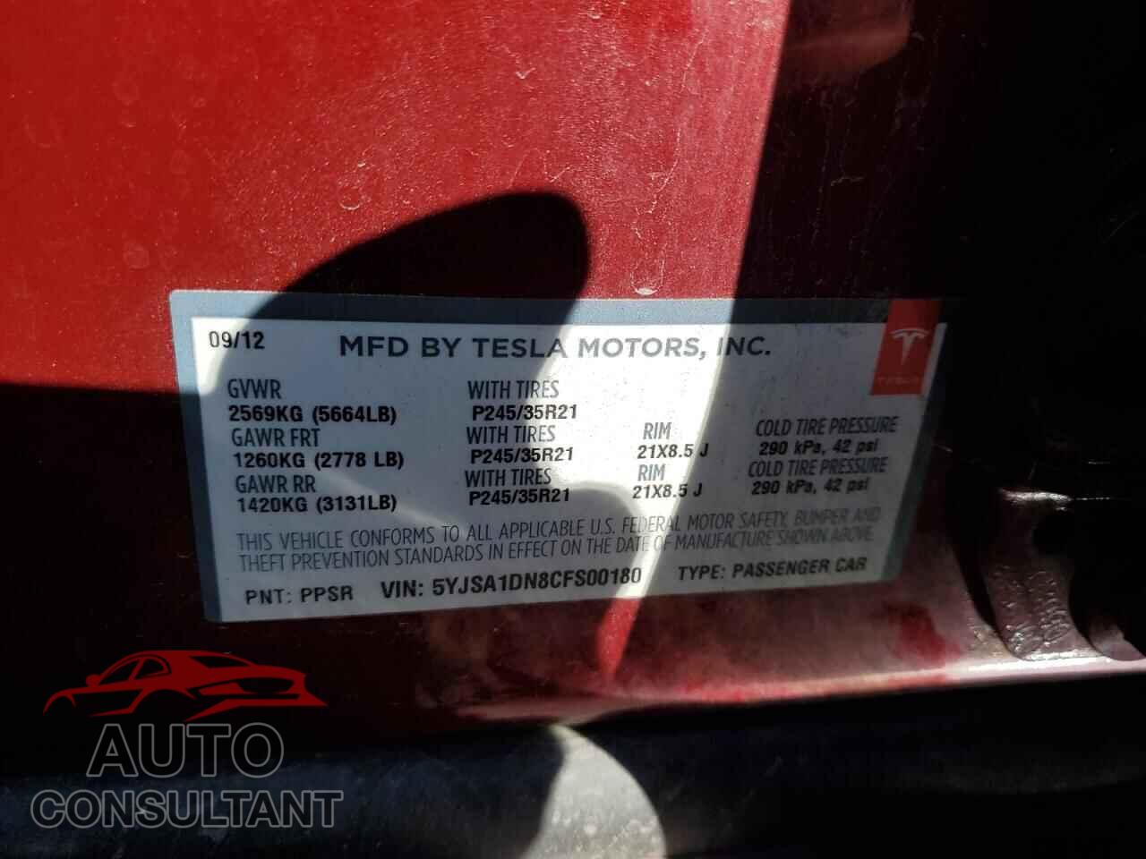 TESLA MODEL S 2012 - 5YJSA1DN8CFS00180