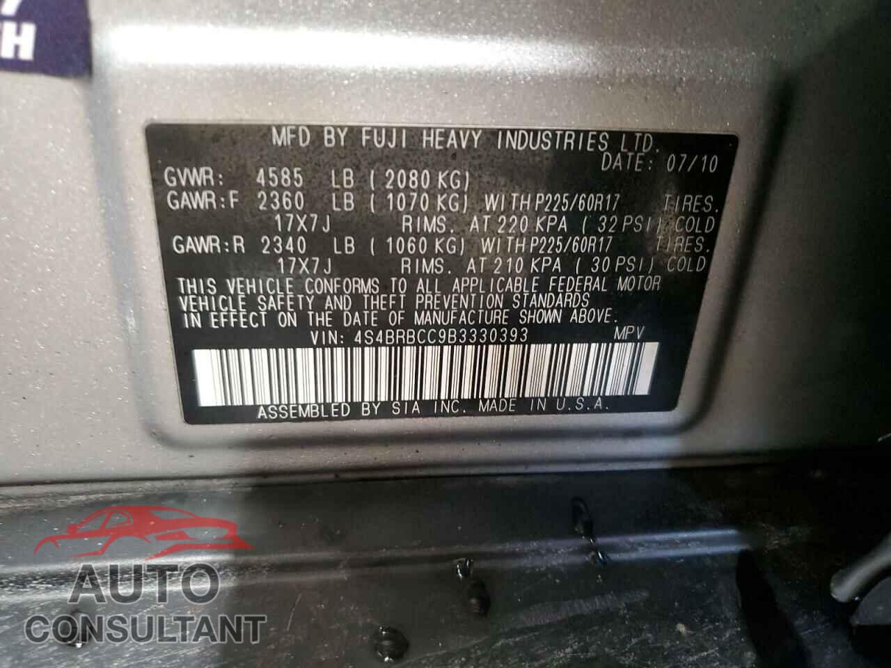 SUBARU OUTBACK 2011 - 4S4BRBCC9B3330393