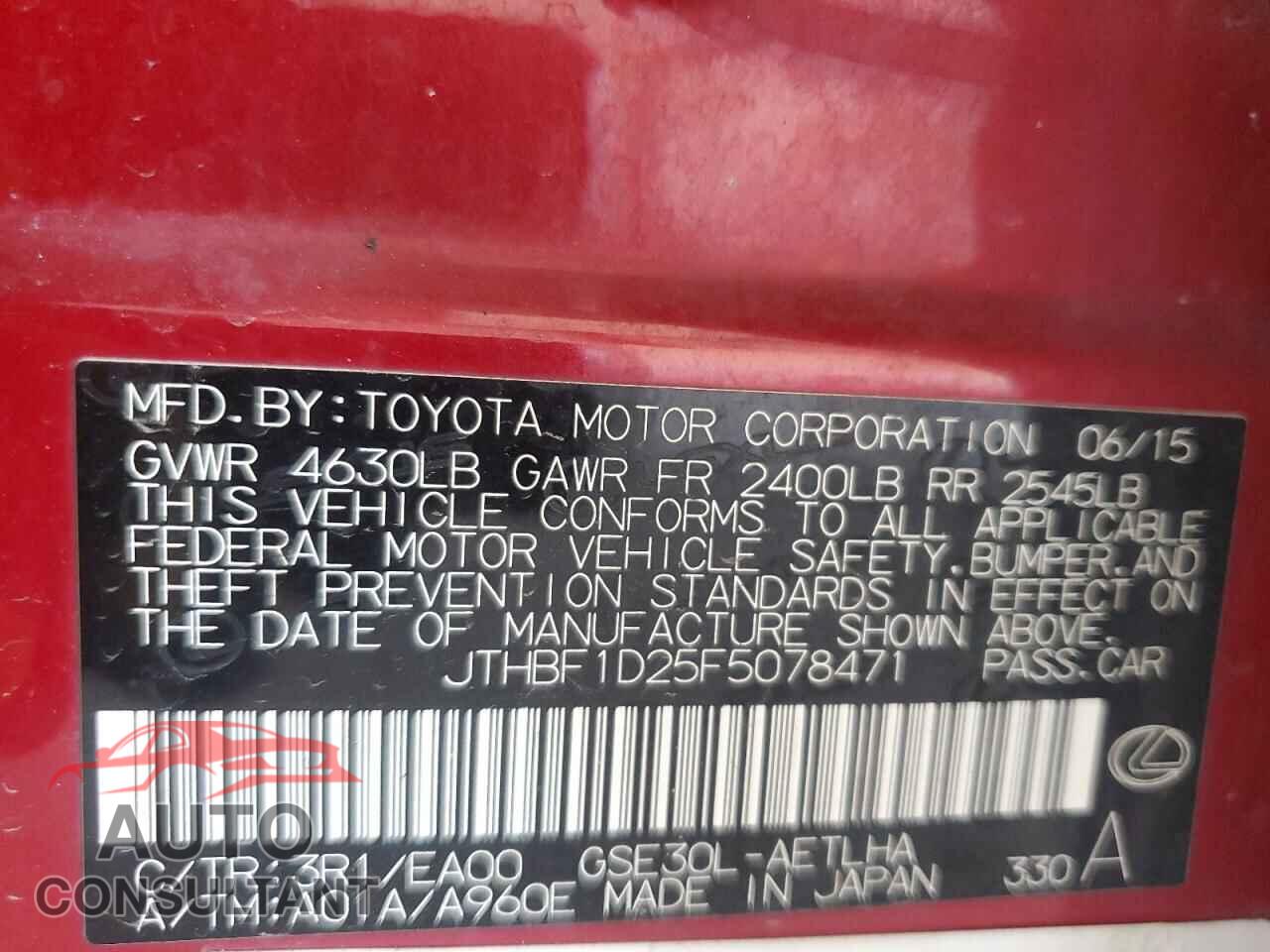 LEXUS IS 2015 - JTHBF1D25F5078471