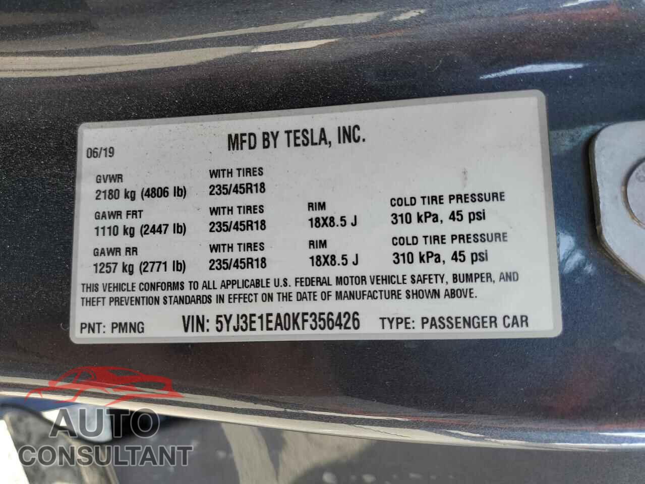 TESLA MODEL 3 2019 - 5YJ3E1EA0KF356426