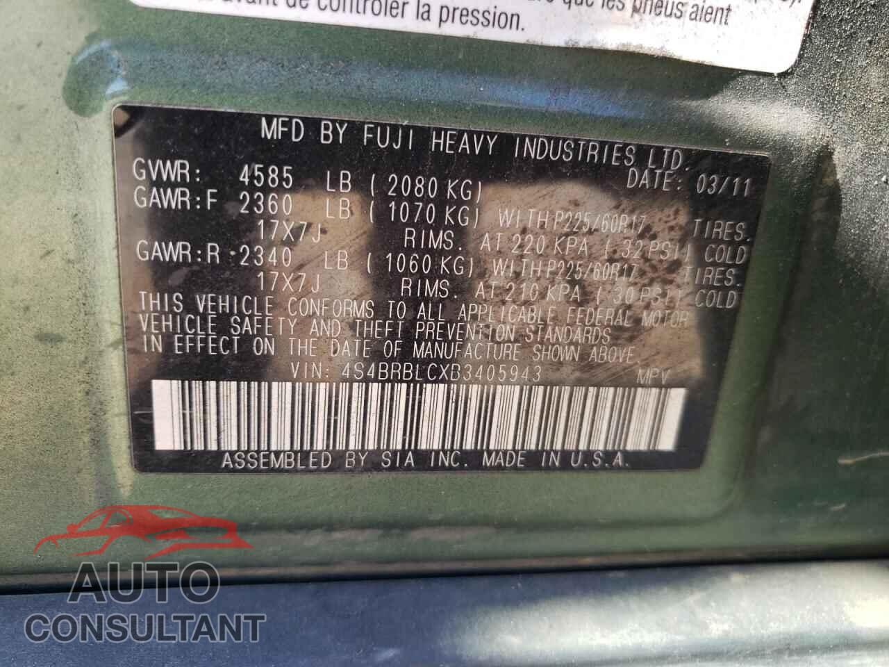 SUBARU OUTBACK 2011 - 4S4BRBLCXB3405943
