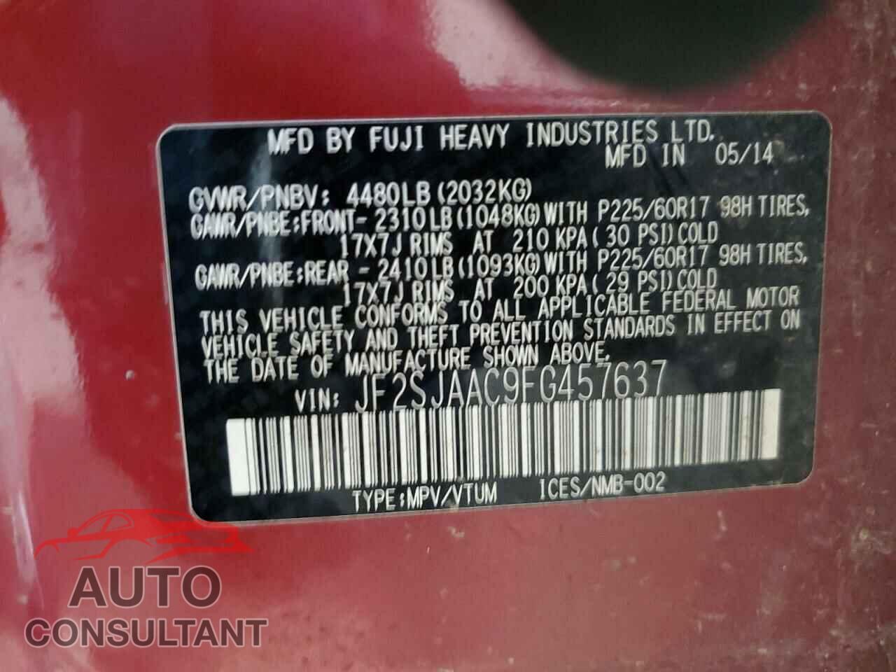 SUBARU FORESTER 2015 - JF2SJAAC9FG457637