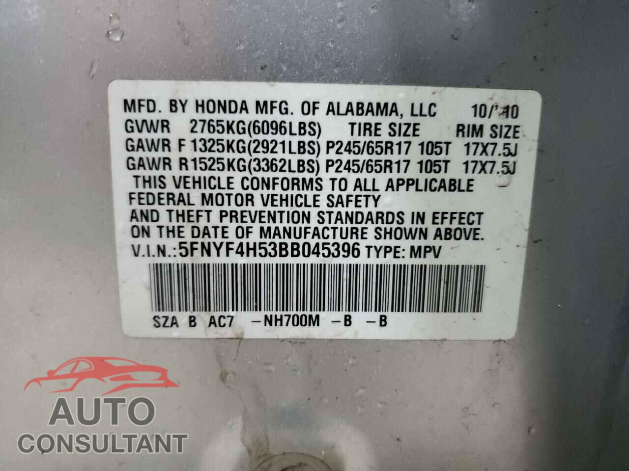 HONDA PILOT 2011 - 5FNYF4H53BB045396