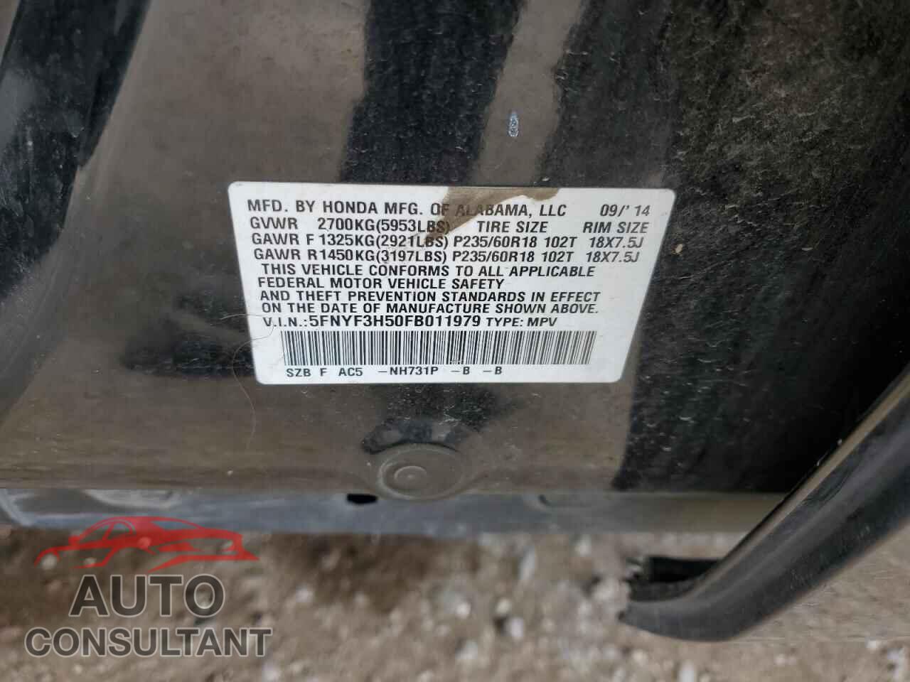 HONDA PILOT 2015 - 5FNYF3H50FB011979