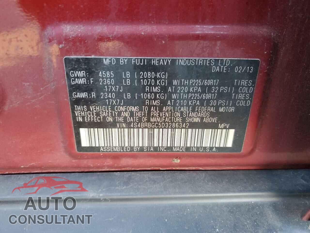 SUBARU OUTBACK 2013 - 4S4BRBGC5D3286342