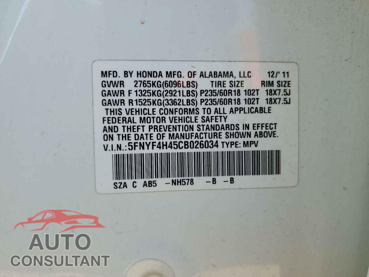 HONDA PILOT 2012 - 5FNYF4H45CB026034