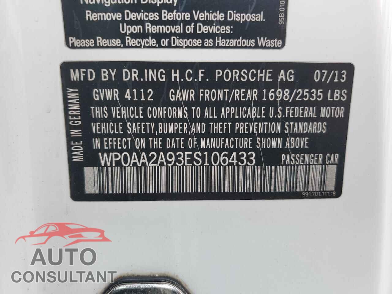 PORSCHE 911 2014 - WP0AA2A93ES106433