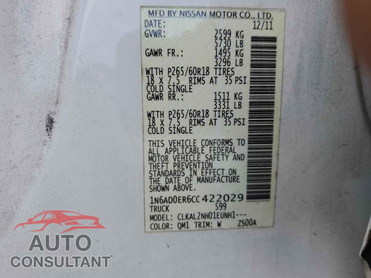NISSAN FRONTIER 2012 - 1N6AD0ER6CC422029
