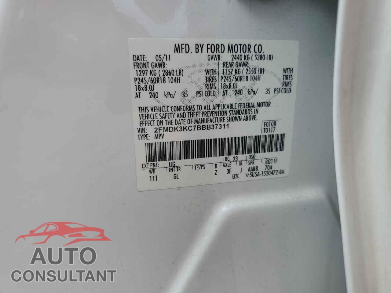 FORD EDGE 2011 - 2FMDK3KC7BBB37311