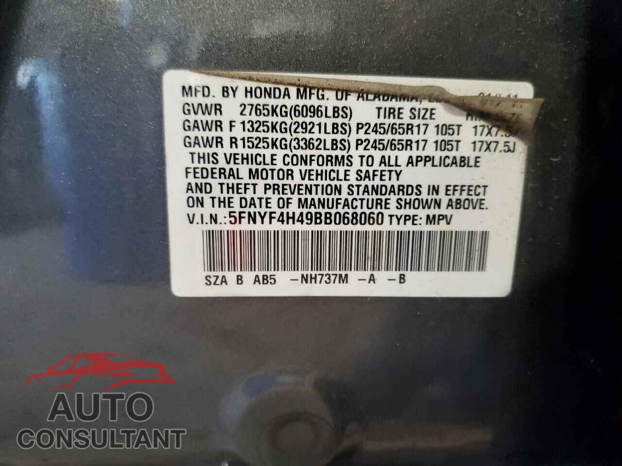 HONDA PILOT 2011 - 5FNYF4H49BB068060