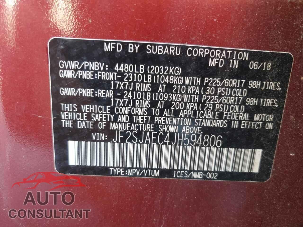 SUBARU FORESTER 2018 - JF2SJAEC4JH594806