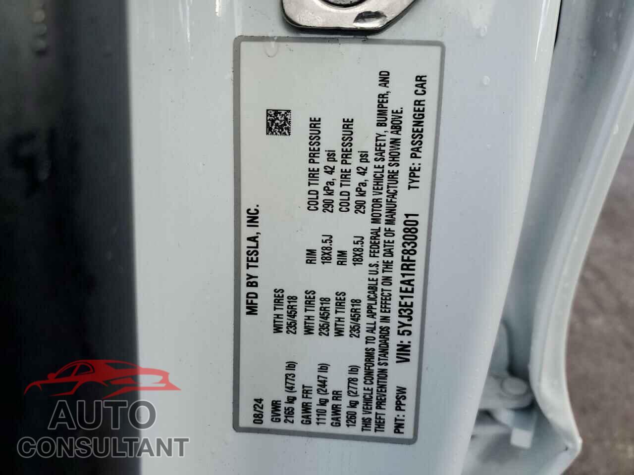 TESLA MODEL 3 2024 - 5YJ3E1EA1RF830801