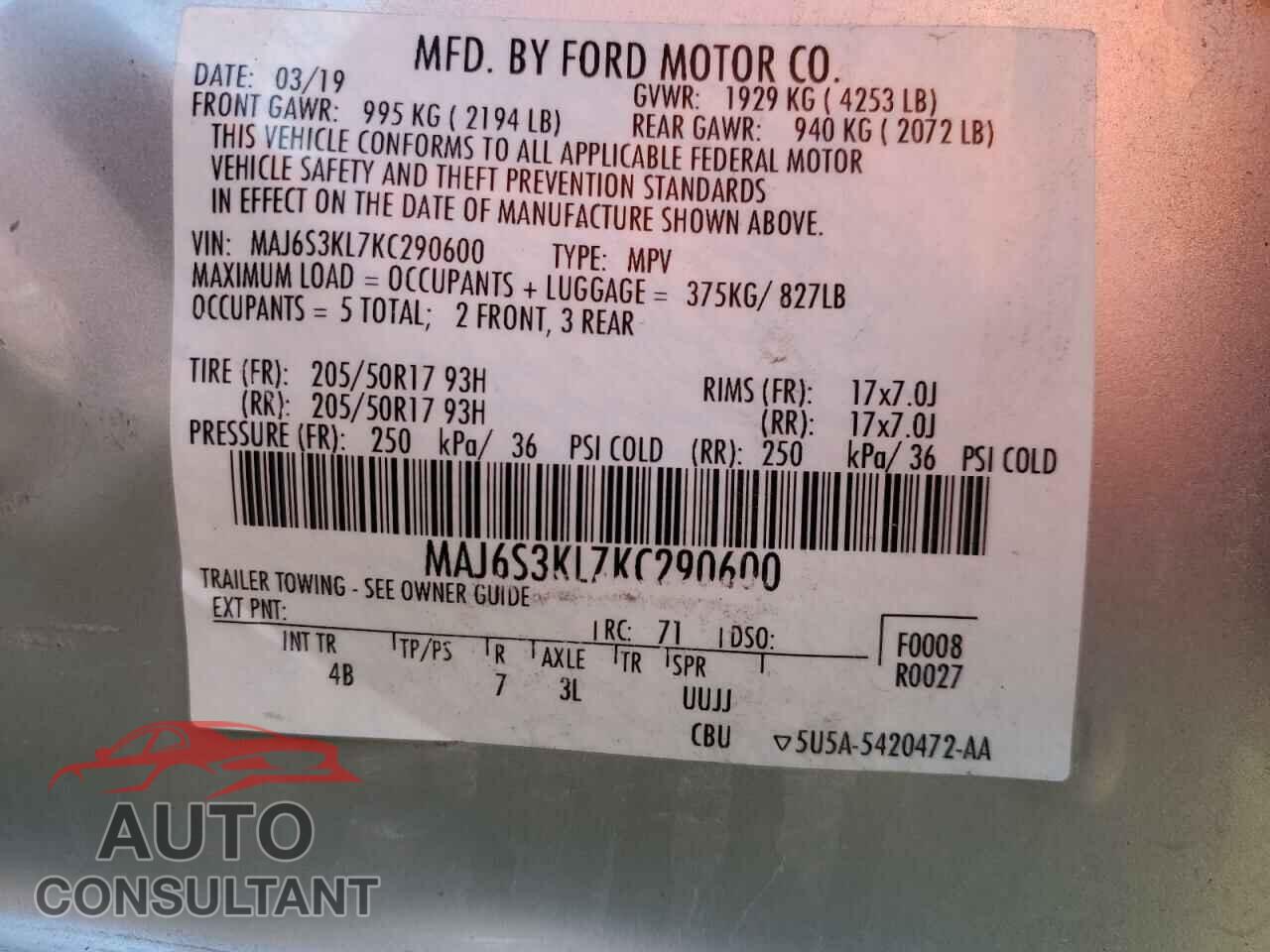 FORD ECOSPORT 2019 - MAJ6S3KL7KC290600