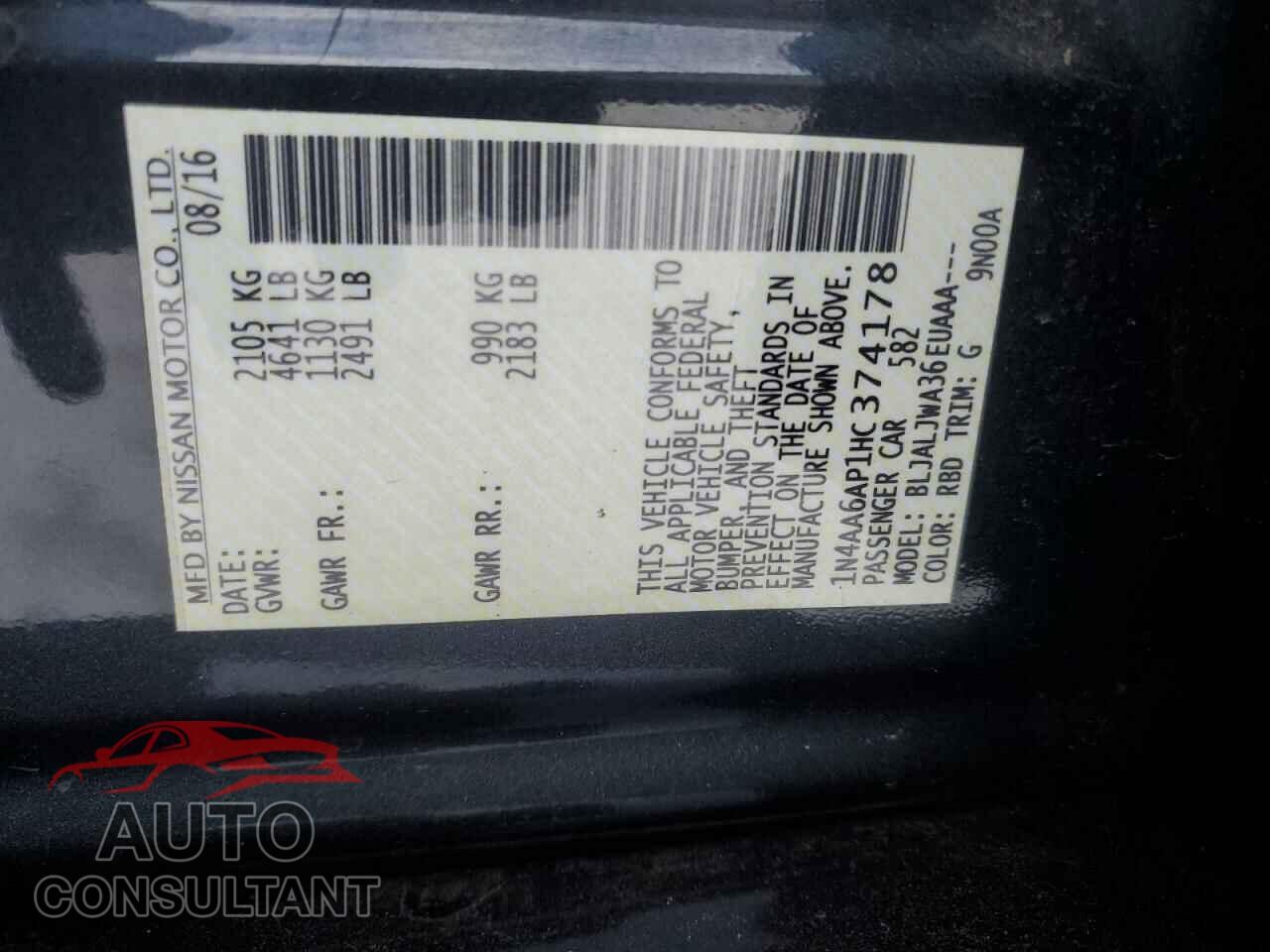 NISSAN MAXIMA 2017 - 1N4AA6AP1HC374178