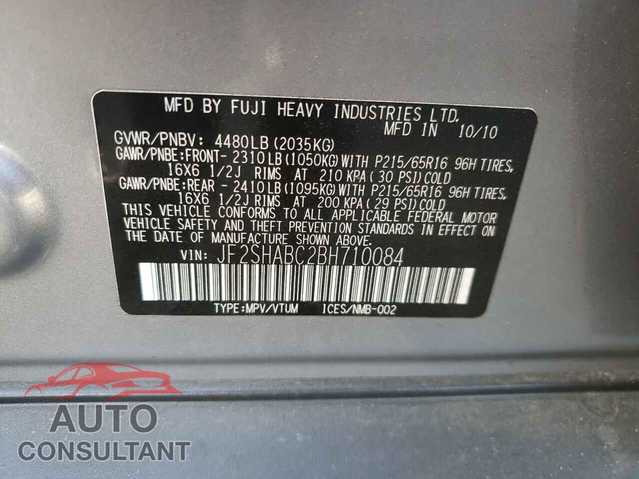 SUBARU FORESTER 2011 - JF2SHABC2BH710084
