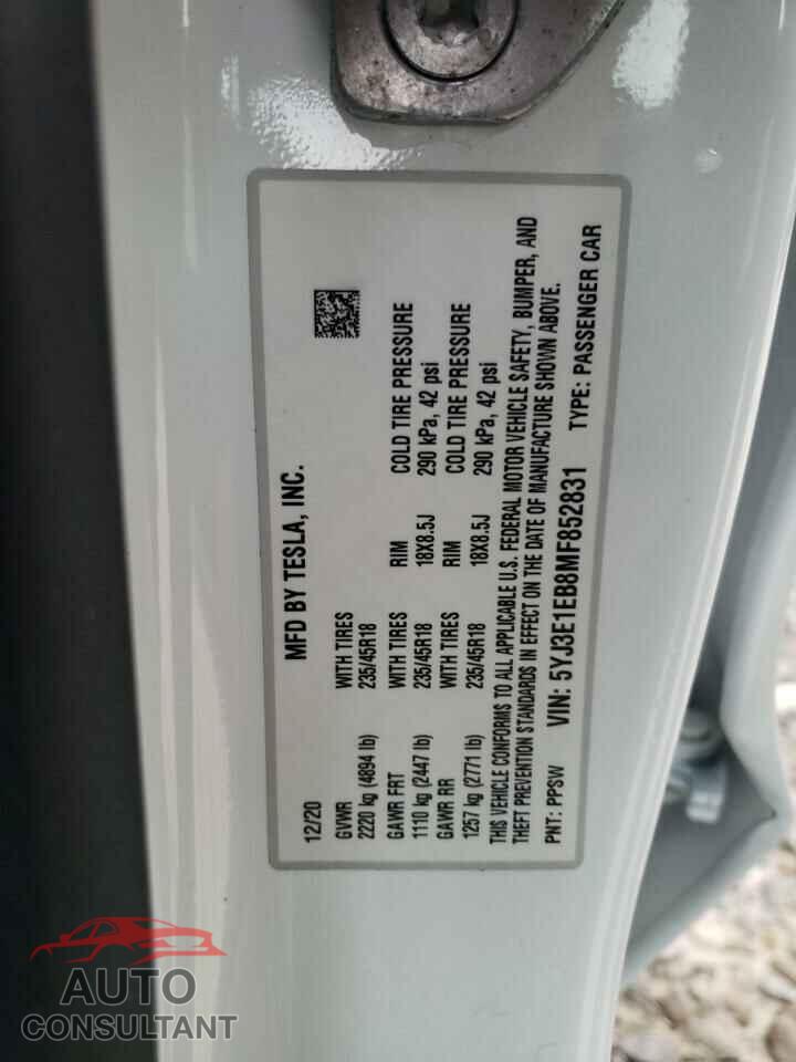TESLA MODEL 3 2021 - 5YJ3E1EB8MF852831