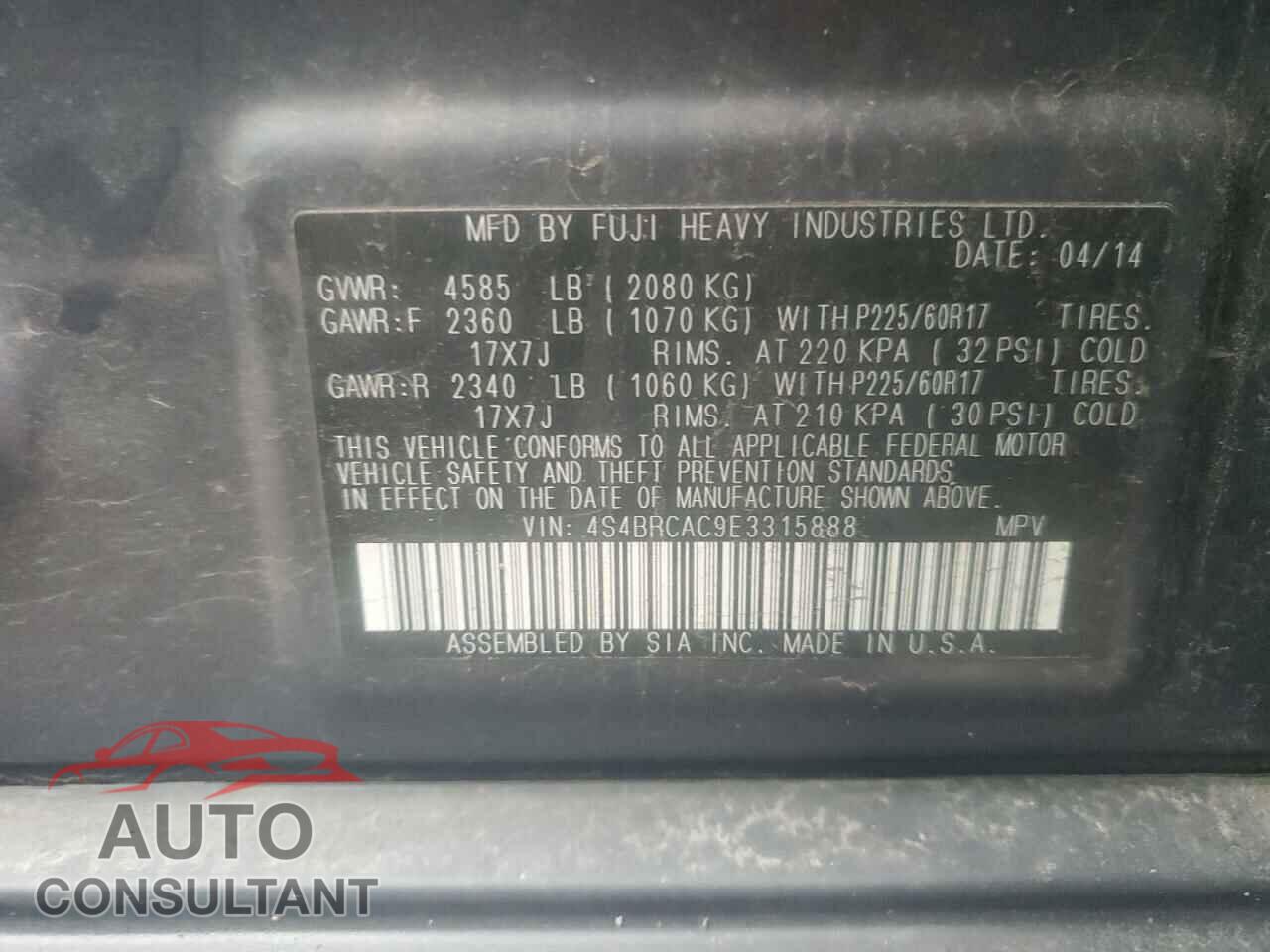 SUBARU OUTBACK 2014 - 4S4BRCAC9E3315888