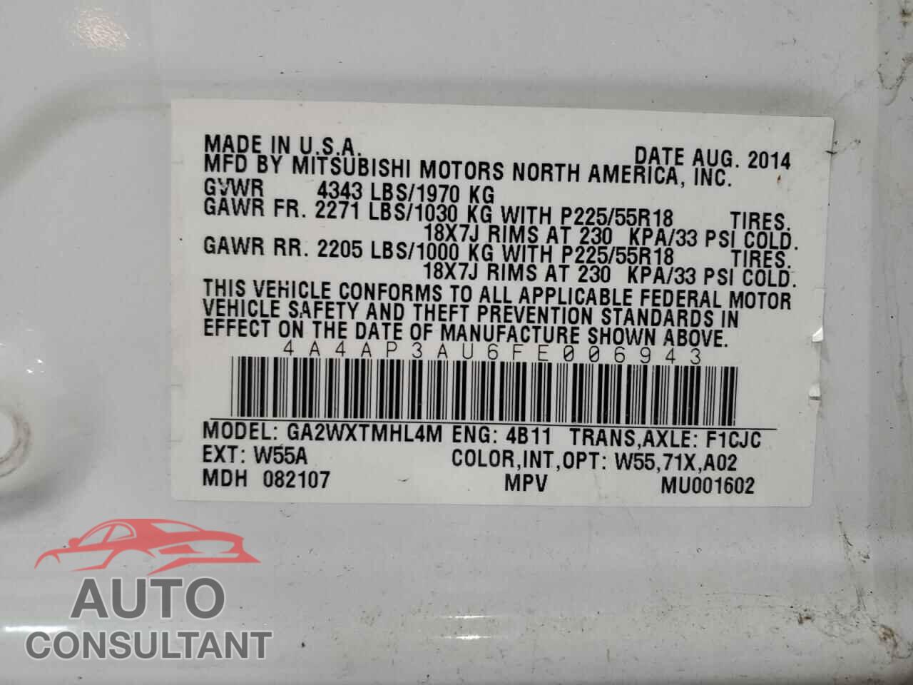MITSUBISHI OUTLANDER 2015 - 4A4AP3AU6FE006943