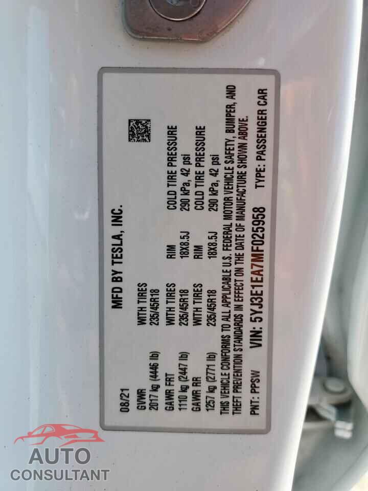 TESLA MODEL 3 2021 - 5YJ3E1EA7MF025958